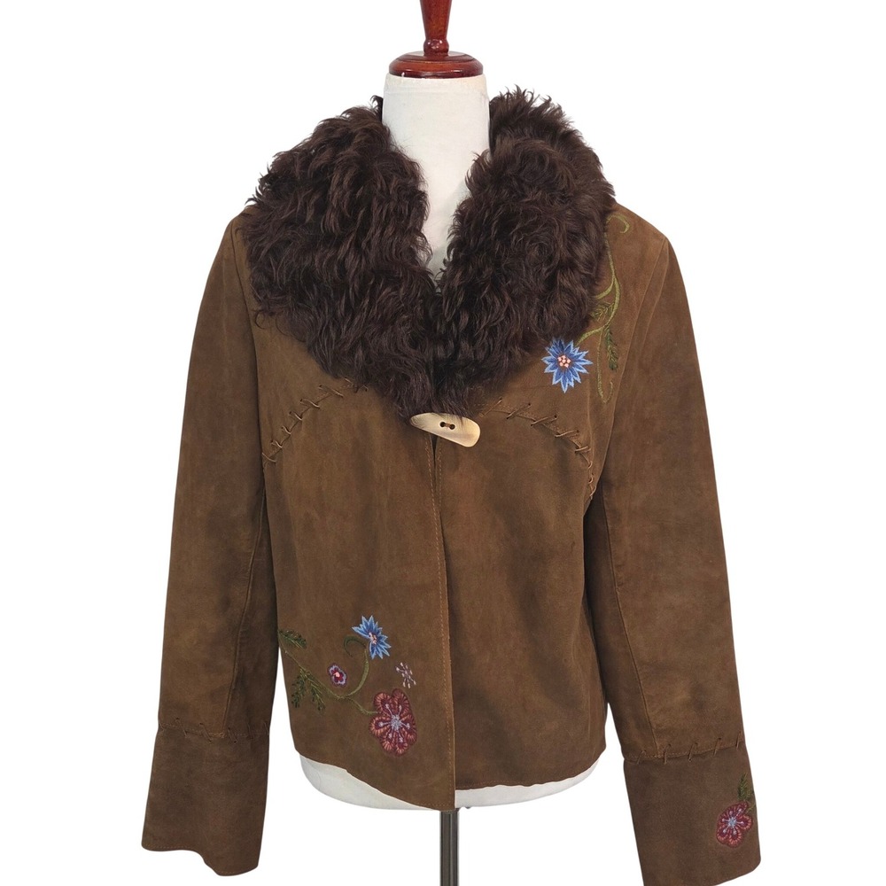 Double D Ranch Brown Suede Leather Jacket M Embroidered Mongolian Lamb Fur Trim